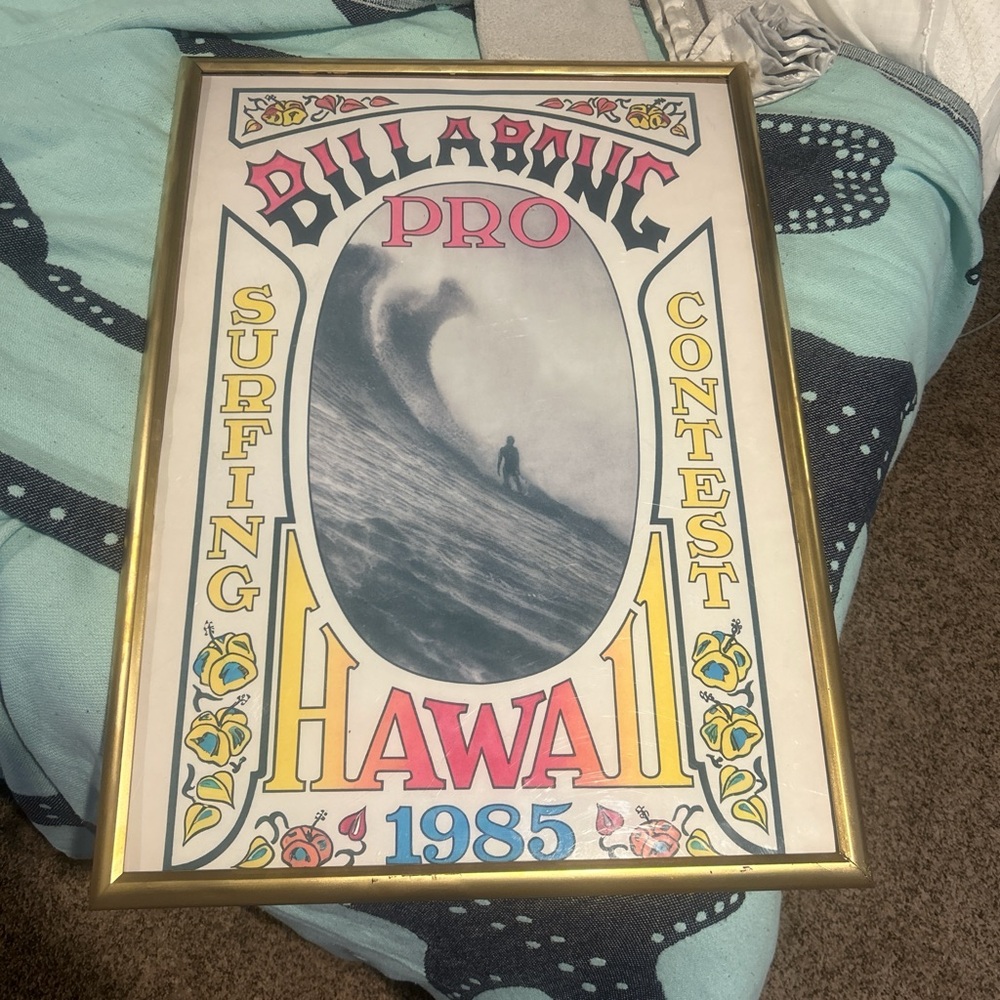 1985 Billabong Surfing Hawaii poster - 29x12 surfing with gold frame